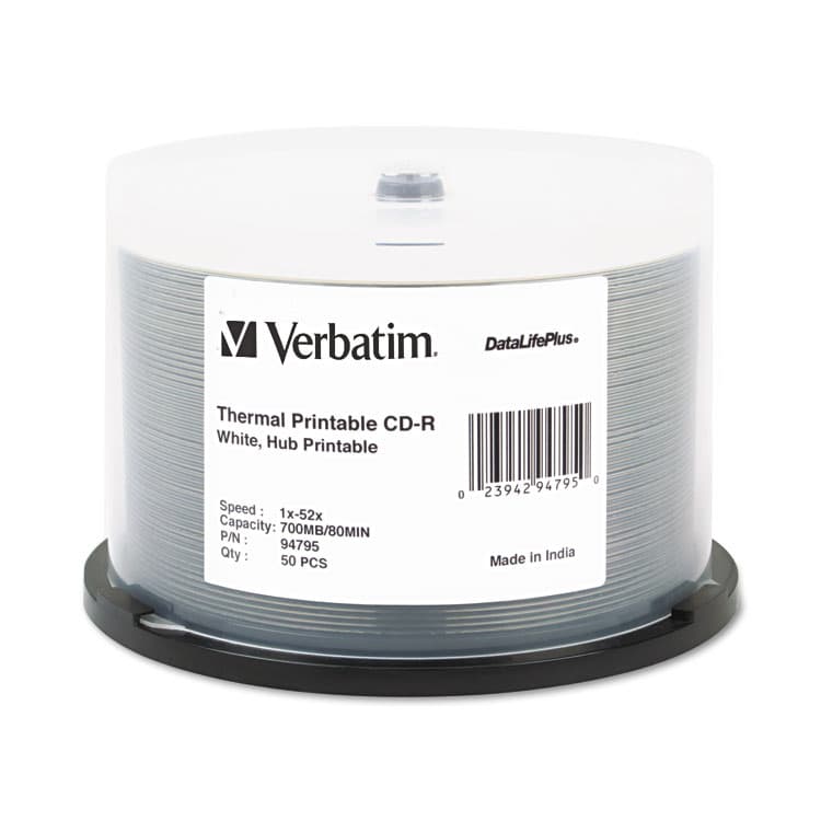 VERBATIM CORPORATION CD-R DataLifePlus Printable Recordable Disc, 700 MB/80 min, 52x, Spindle, White, 50/Pack (VER94755)