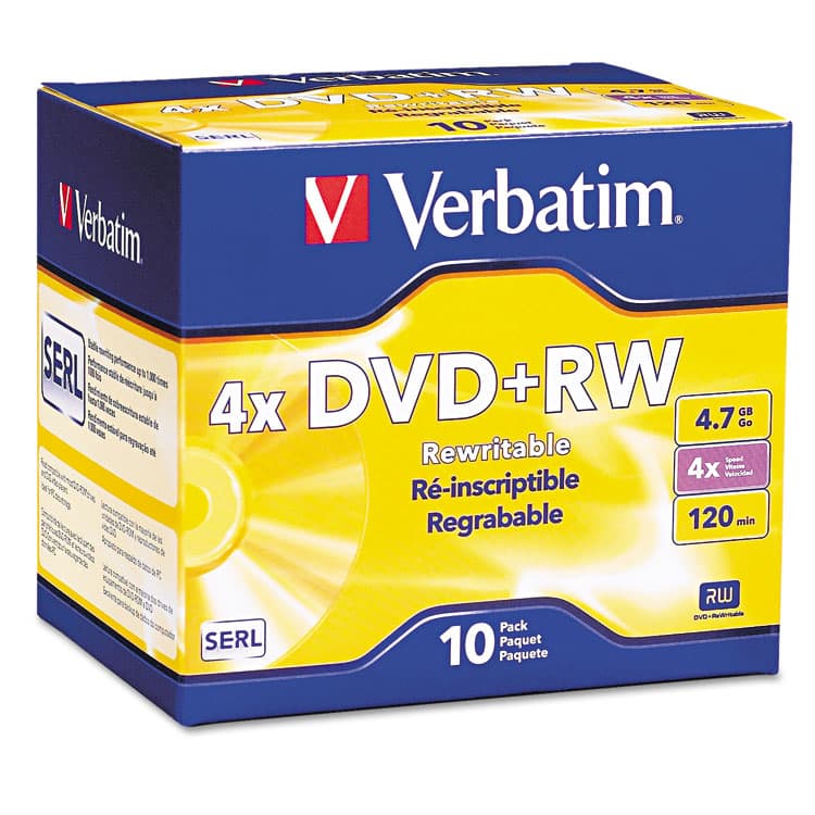 VERBATIM CORPORATION DVD+RW Rewritable Disc, 4.7 GB, 4x, Slim Jewel Case, Silver, 10/Pack (VER94839)