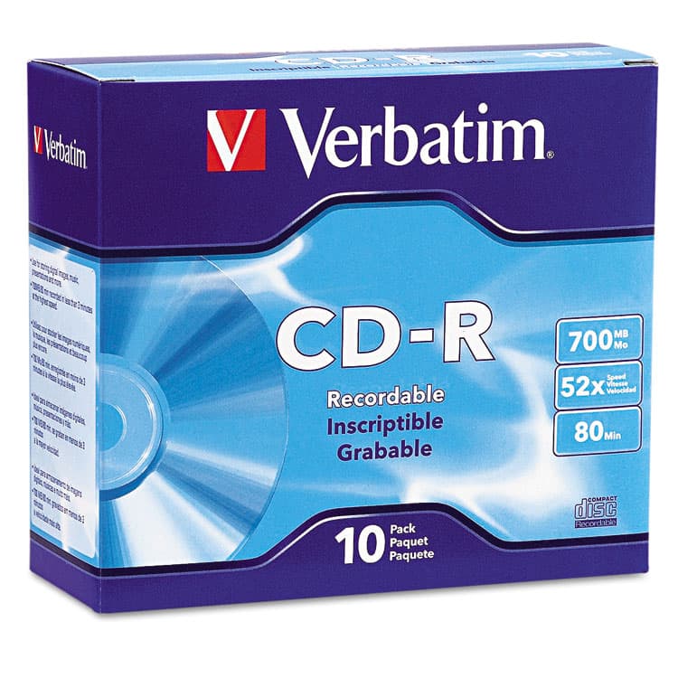 VERBATIM CORPORATION CD-R Recordable Disc, 700 MB/80 min, 52x, Slim Jewel Case, Silver, 10/Pack (VER94935)