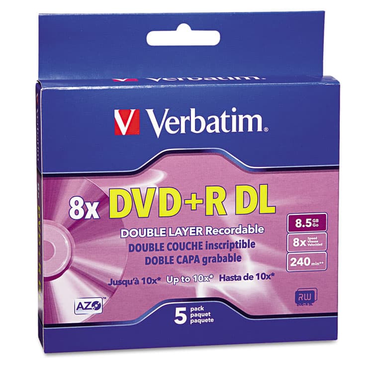 VERBATIM CORPORATION DVD+R Dual-Layer Recordable Disc, 8.5 GB, 8x, Jewel Case, Silver, 5/Pack (VER95311)