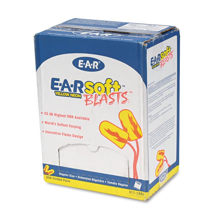 3M/COMMERCIAL TAPE DIV. E-A-Rsoft Blasts Earplugs, Corded, Foam, Yellow Neon, 200 Pairs/Box (MMM3111252)