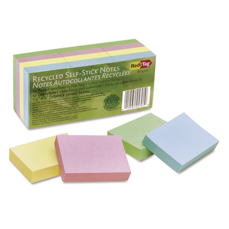 REDI-TAG CORPORATION 100% Recycled Self-Stick Notes, 1.5" x 2", Assorted Pastel Colors, 100 Sheets/Pad, 12 Pads/Pack (RTG25701)