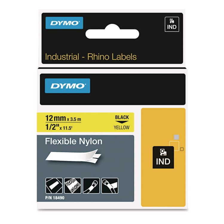 DYMO Rhino Flexible Nylon Industrial Label Tape, 0.5" x 11.5 ft, Yellow/Black Print (DYM18490)