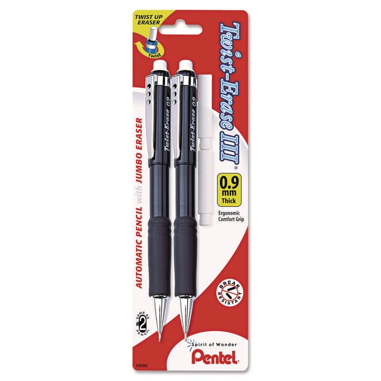 PENTEL OF AMERICA Twist-Erase III Mechanical Pencil, 0.9 mm, HB (#2), Black Lead, Assorted Barrel Colors, 2/Pack (PENQE519BP2K6)