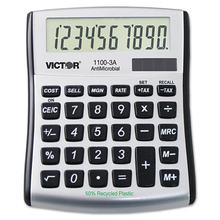 VICTOR TECHNOLOGY LLC 1100-3A Antimicrobial Compact Desktop Calculator, 10-Digit LCD (VCT11003A)
