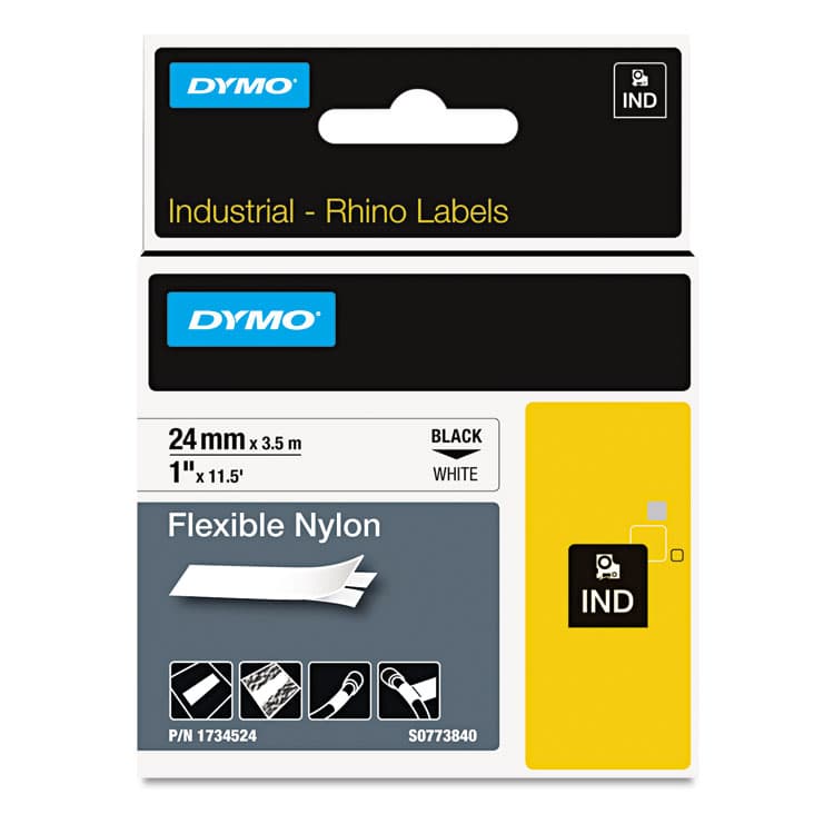 DYMO Rhino Flexible Nylon Industrial Label Tape, 1" x 11.5 ft, White/Black Print (DYM1734524)