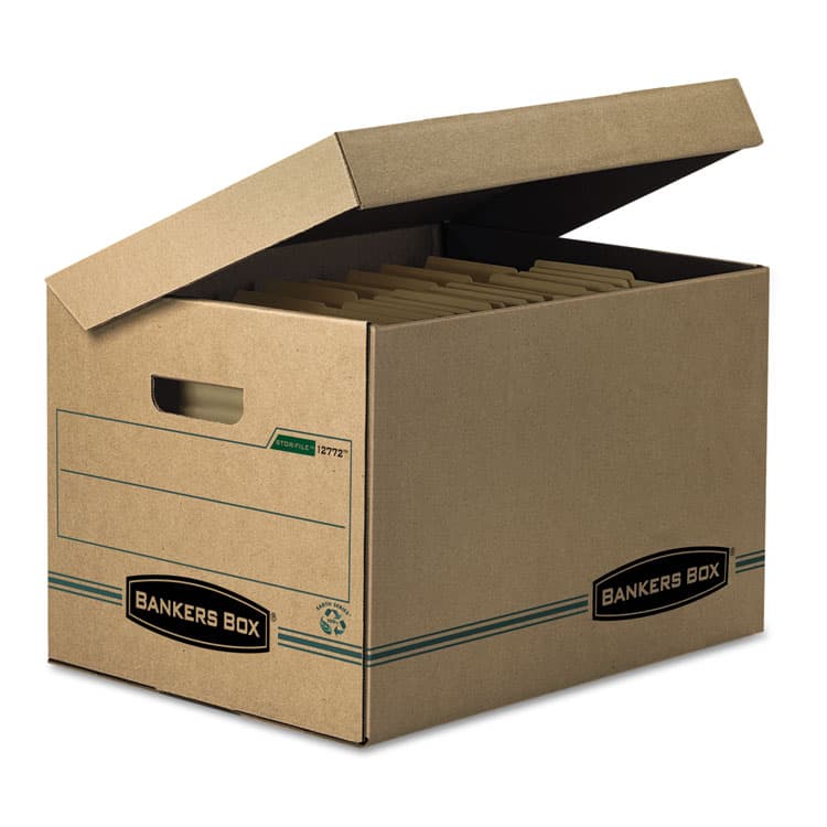 FELLOWES MFG. CO. SYSTEMATIC Basic-Duty Attached Lid Storage Boxes, Letter/Legal Files, Kraft/Green, 12/Carton (FEL12772)