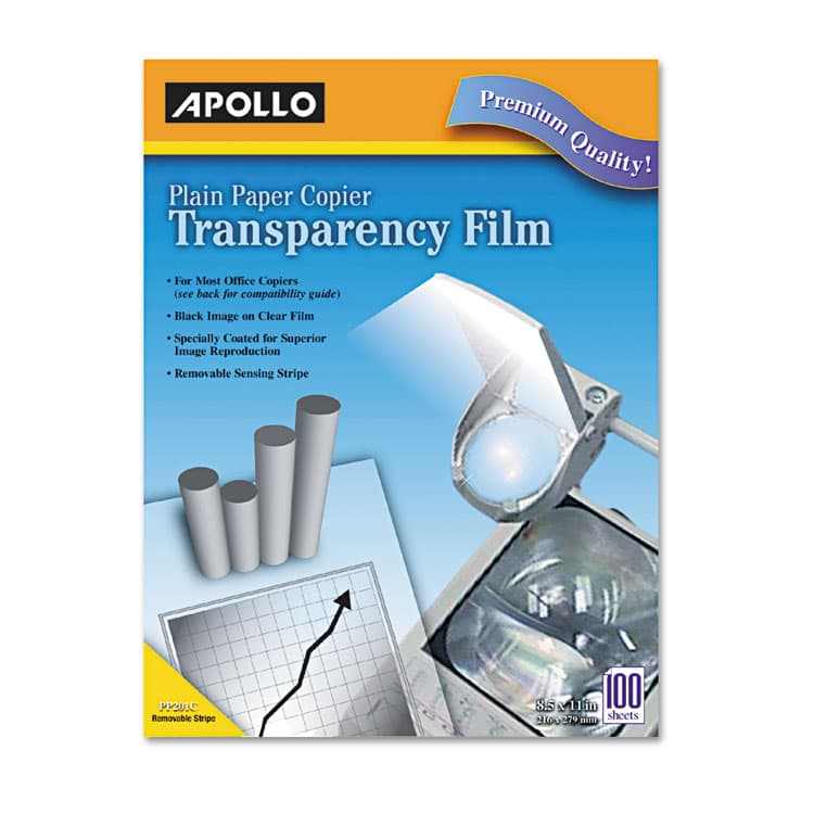 APOLLO AUDIO VISUAL Plain Paper Laser Transparency Film with Handling Strip, 8.5 x 11, Black on Clear, 100/Box (APOPP201C)