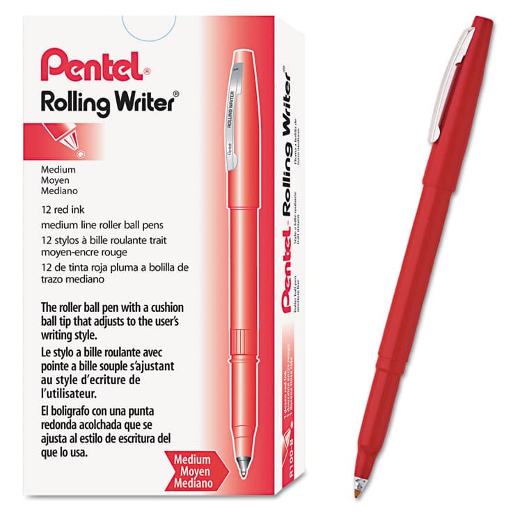 PENTEL OF AMERICA Rolling Writer Rollerball Pen, Stick, Medium 0.8 mm, Red Ink, Red Barrel, Dozen (PENR100B) thumbnail 2