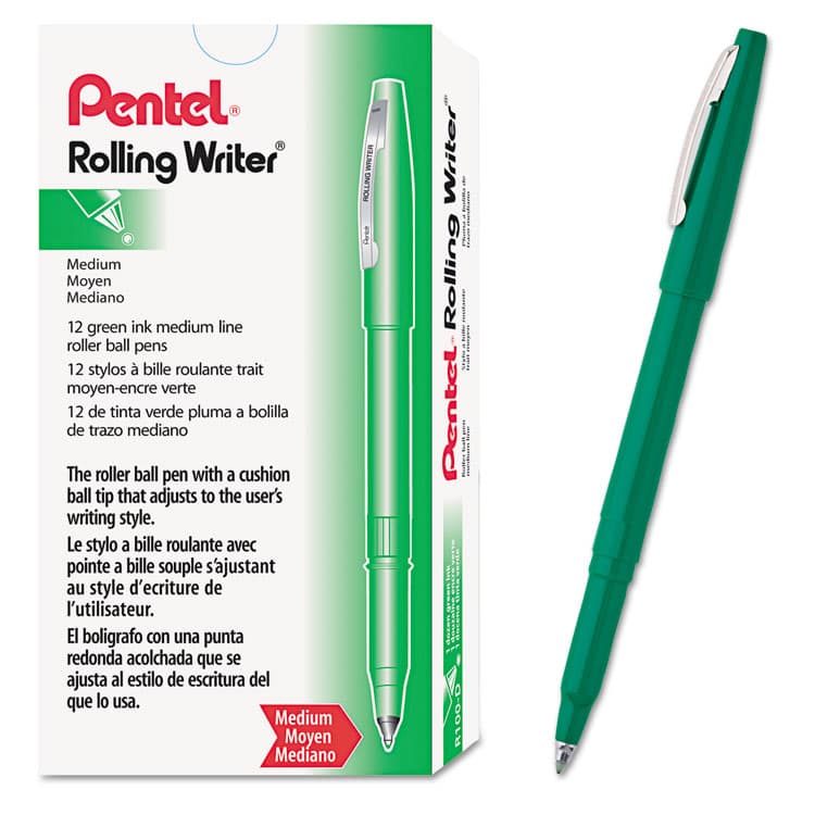 PENTEL OF AMERICA Rolling Writer Rollerball Pen, Stick, Medium 0.8 mm, Green Ink, Green Barrel, Dozen (PENR100D) thumbnail 2