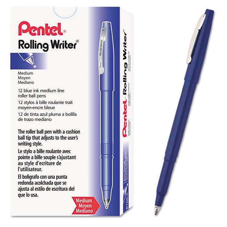 PENTEL OF AMERICA Rolling Writer Rollerball Pen, Stick, Medium 0.8 mm, Blue Ink, Blue Barrel, Dozen (PENR100C) thumbnail 2