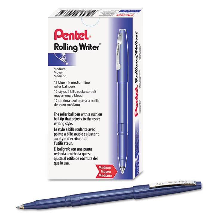 PENTEL OF AMERICA Rolling Writer Rollerball Pen, Stick, Medium 0.8 mm, Blue Ink, Blue Barrel, Dozen (PENR100C) thumbnail 3