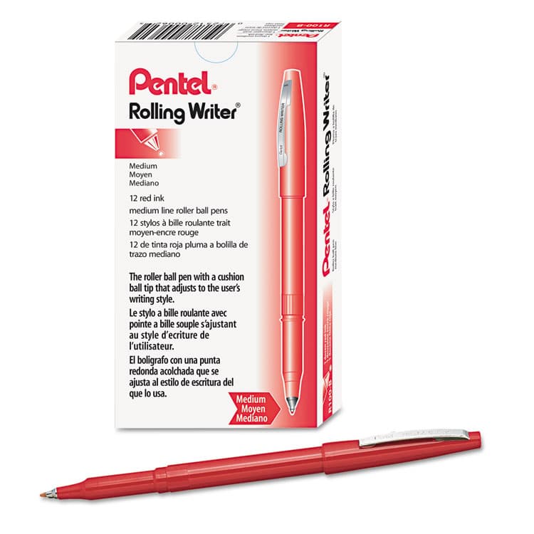 PENTEL OF AMERICA Rolling Writer Rollerball Pen, Stick, Medium 0.8 mm, Red Ink, Red Barrel, Dozen (PENR100B) thumbnail 3
