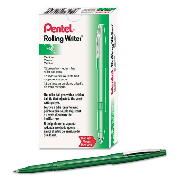 PENTEL OF AMERICA Rolling Writer Rollerball Pen, Stick, Medium 0.8 mm, Green Ink, Green Barrel, Dozen (PENR100D) thumbnail 3
