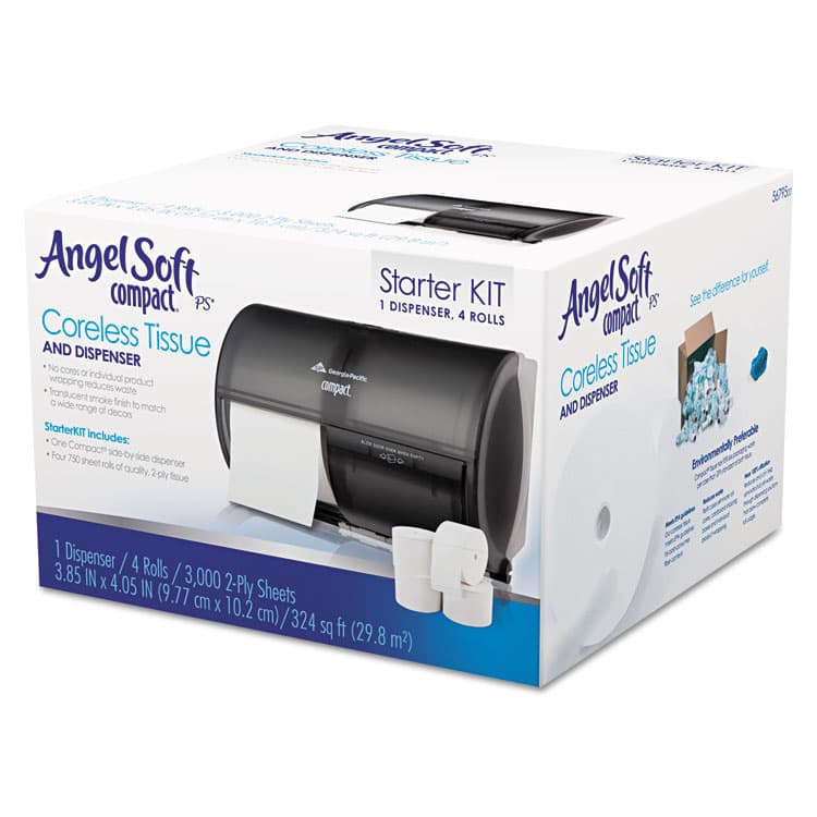 GEORGIA PACIFIC Compact Tissue Dispenser and Angel Soft ps Tissue Start Kit, 10.13 x 6.75 x 7.13, Translucent Smoke (GPC5679500)