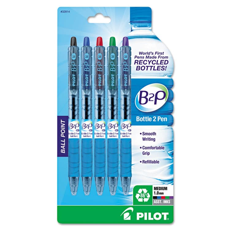 PILOT CORP. OF AMERICA B2P Bottle-2-Pen Recycled Ballpoint Pen, Retractable, Medium 1 mm, Assorted Ink Colors, Translucent Blue Barrel, 5/Pack (PIL32814)