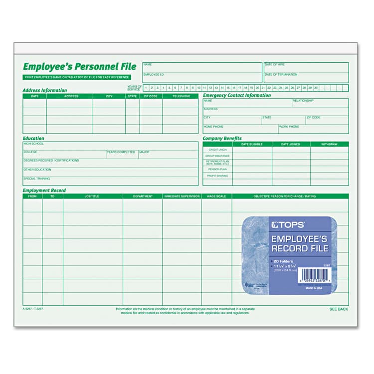TOPS BUSINESS FORMS Employee's Record File Folder, Straight Tabs, Letter Size, Index Stock, Green, 20/Pack (TOP3287) thumbnail 2