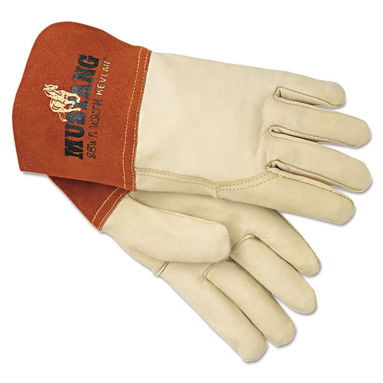 MCR SAFETY Mustang Leather MIG/TIG Welding Work Gloves, ANSI Level 2 Heat Resistance, Gunn Cut, Wing Thumb, Large, Cream/Russet, 12 Pair (MPG4950L)