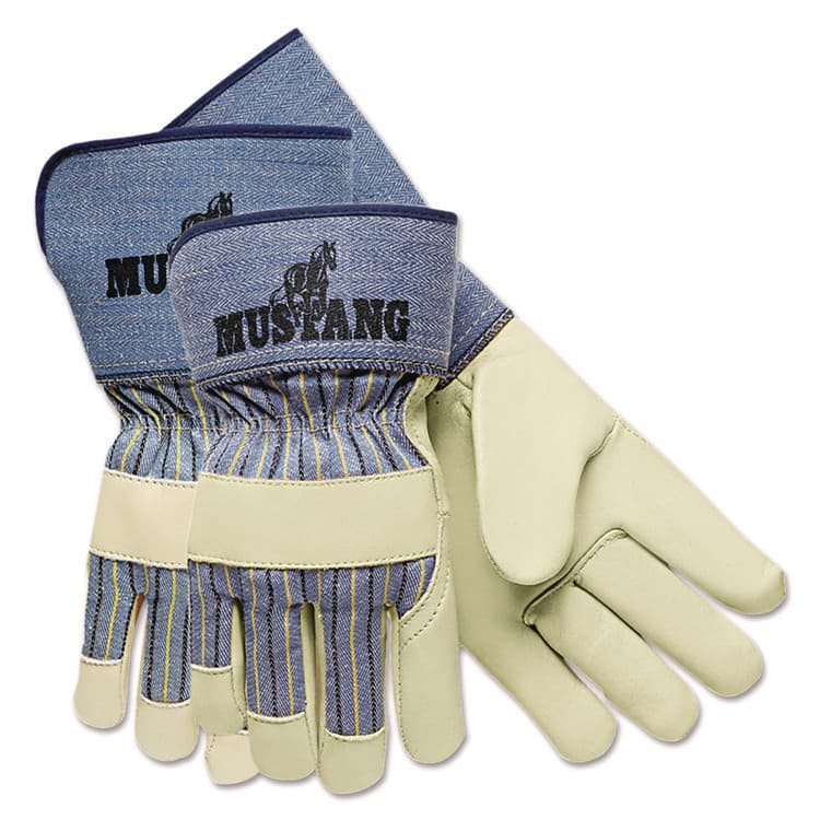 MCR SAFETY Grain Leather Palm Gloves, Gunn Cut, Wing Thumb, Large, Blue Striped/White, 12 Pairs (MPG1936L)