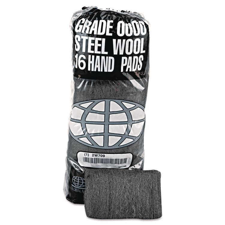 GLOBAL MATERIAL TECHNOLOGIES Industrial-Quality Steel Wool Hand Pad, #0 Fine, Steel Gray, 16/Pack, 12 Packs/Carton (GMA117003)