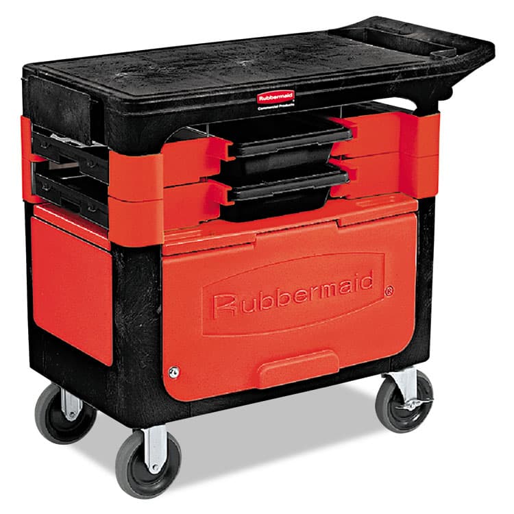 RUBBERMAID COMMERCIAL PROD. Trades Cart with Locking Storage Area, Plastic, 2 Shelves, 2 Drawers, 330 lb Capacity, 19.25" x 38" x 33.38", Black (RCP618088BLA)
