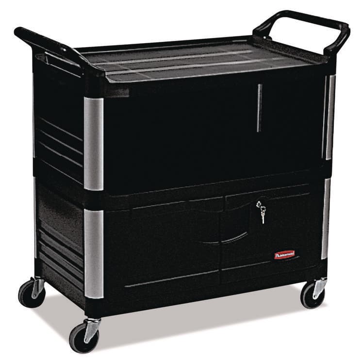 RUBBERMAID COMMERCIAL PROD. Xtra Equipment Cart, Plastic, 3 Shelves, 300 lb Capacity, 20.75" x 40.63" x 37.8", Black (RCP4095BLA)