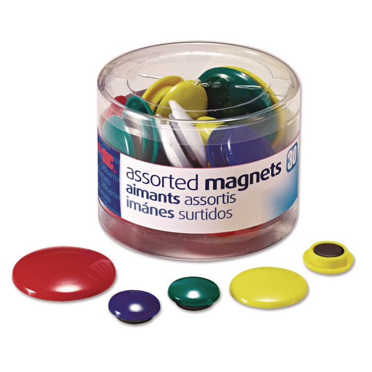 OFFICEMATE INTERNATIONAL CORP. Assorted Magnets, Circles, Assorted Sizes: (12) Small, (12) Medium, (6) Large, Assorted Colors, 30/Pack (OIC92500)