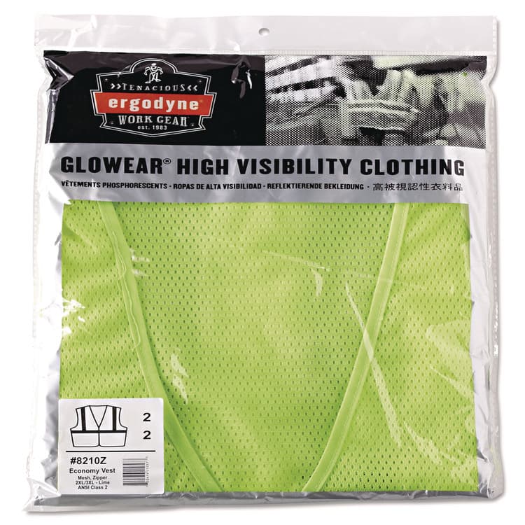 ERGODYNE CORPORATION GloWear 8210Z Class 2 Economy Vest, Polyester Mesh, Zipper Closure, 2X-Large to 3X-Large, Lime (EGO21057)