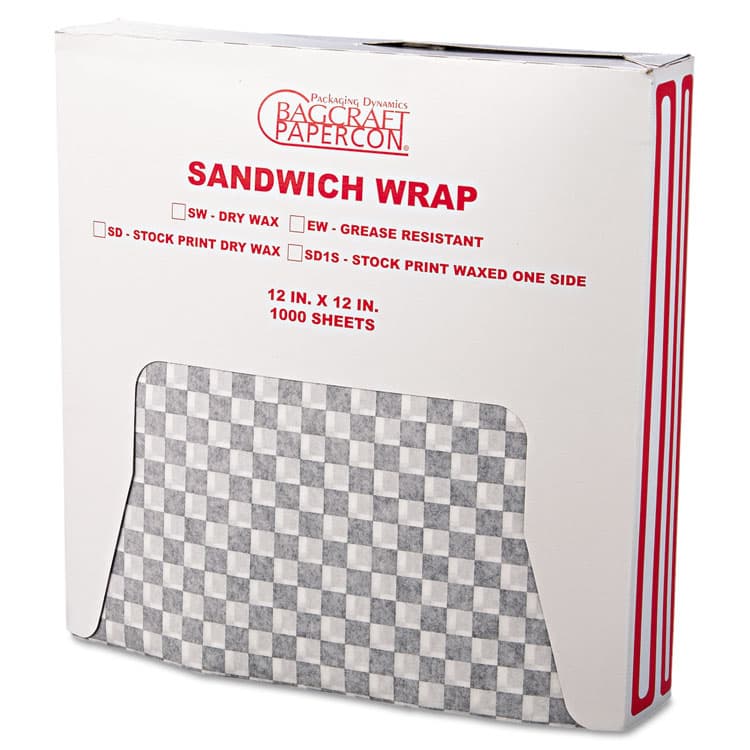 BAGCRAFT Grease-Resistant Paper Wraps and Liners, 12" x 12", Black Check, 1000/Box, 5 Boxes/Carton (BGC057800)