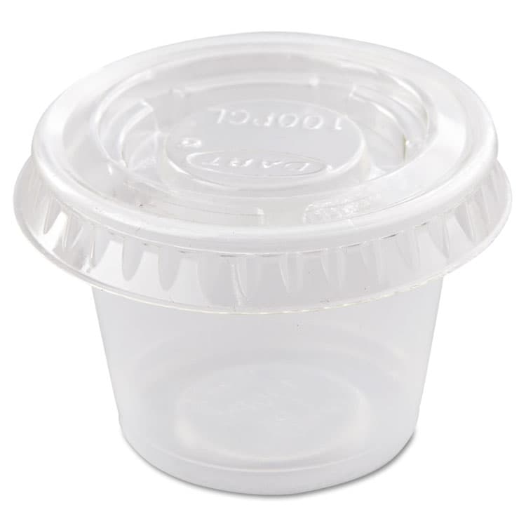 DART Portion/Souffle Cup Lids, Fits 0.5 oz to 1 oz Portion Cups, Plastic, Clear, 125/Pack, 20 Packs/Carton (DCCPL100N) thumbnail 3