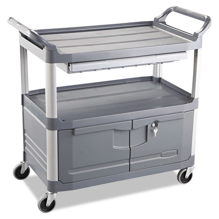 RUBBERMAID COMMERCIAL PROD. Xtra Instrument Cart with Locking Storage Area, Plastic, 3 Shelves, 300 lb Capacity, 20" x 40.63" x 37.8", Gray (RCP4094GRA)