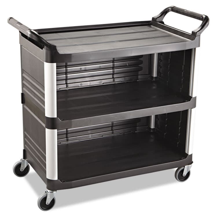 RUBBERMAID COMMERCIAL PROD. Xtra Utility Cart with Enclosed Sides and Back, Plastic, 3 Shelves, 300 lb Capacity, 20" x 40.63" x 37.8", Black (RCP4093BLA)