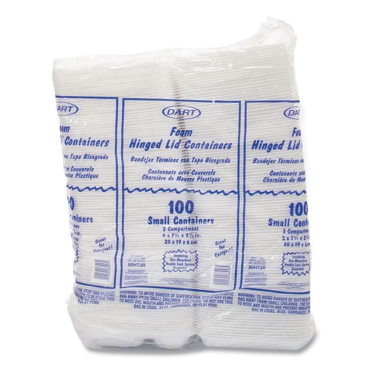 DART Foam Hinged Lid Containers, 3 Compartments, 7.5 x 8 x 2.3, White, 200/Carton (DCC80HT3R) thumbnail 2