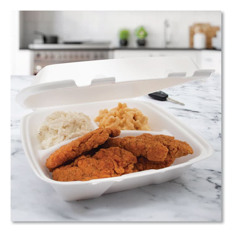 DART Foam Hinged Lid Container, Performer Perforated Lid, 3 Compartments, 9 x 9.4 x 3, White, 100/Bag, 2 Bag/Carton (DCC90HTPF3R) thumbnail 4