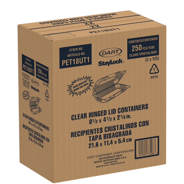 DART StayLock Clear Hinged Lid Containers, 4.5 x 8.5 x 2.1, Clear, Plastic, 250/Carton (DCCPET18UT1) thumbnail 3