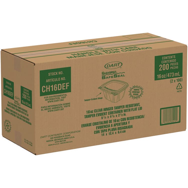 DART ClearPac SafeSeal Tamper-Resistant/Evident Containers, Flat Lid, 16 oz, Clear, Plastic, 100/Bag, 2 Bags/Carton (DCCCH16DEF) thumbnail 4