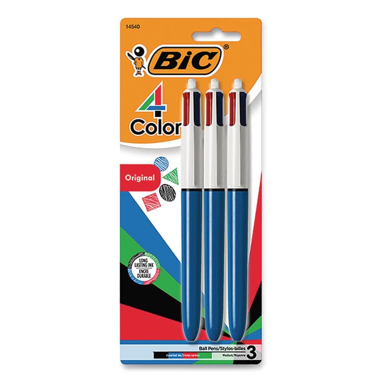 BIC CORP. 4-Color Ballpoint Pen, Retractable, Medium 1 mm, Black/Blue/Green/Red Ink Colors, Randomly Assorted Barrel Colors, 3/PK (BICMMP31)