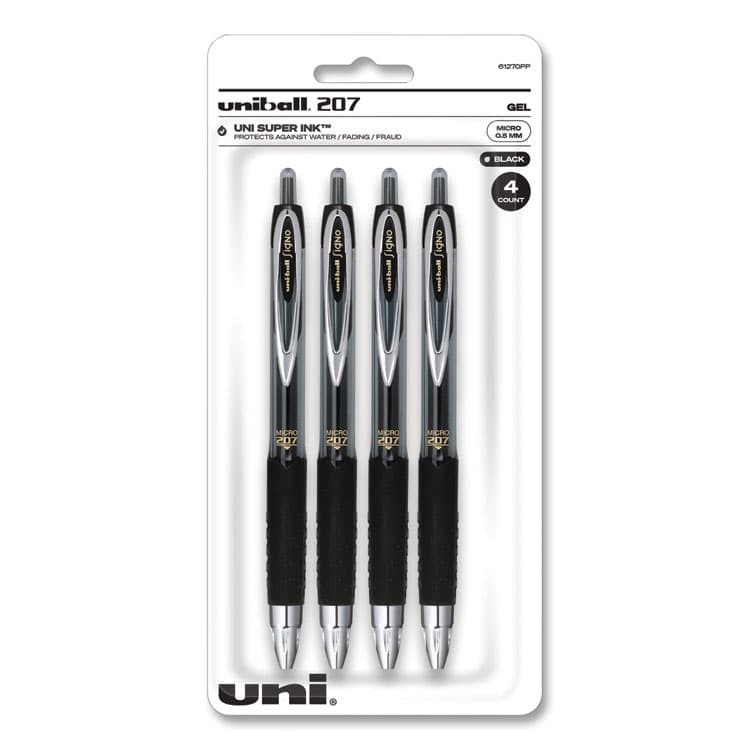 UNI Signo 207 Gel Pen, Retractable, Fine 0.5 mm, Black Ink, Smoke/Black Barrel, 4/Pack (UBC61270)