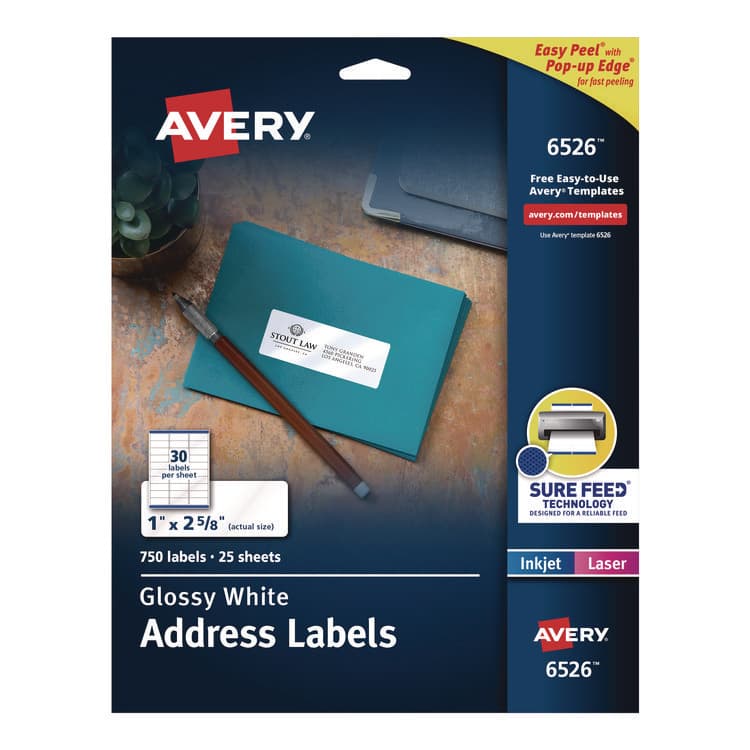 AVERY PRODUCTS CORPORATION Glossy White Easy Peel Mailing Labels w/ Sure Feed Technology, Laser Printers, 1 x 2.63, White, 30/Sheet, 25 Sheets/Pack (AVE6526)