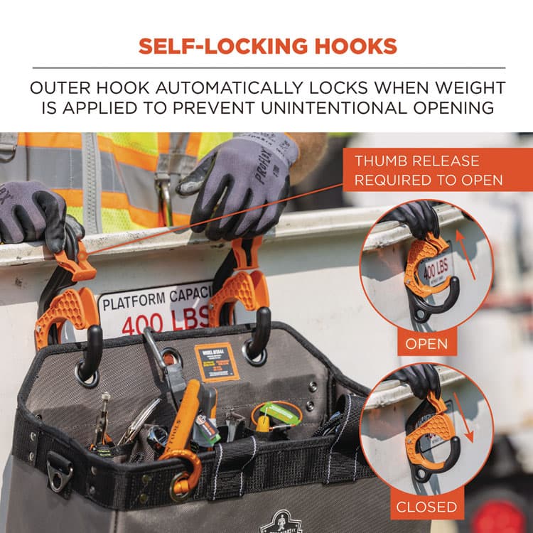 ERGODYNE CORPORATION Squids 3178 Locking Aerial Bucket Hook, Tethering Point, 9.06 x 7.09 x 2.17, Black/Orange, Supports 40 lbs (EGO19179) thumbnail 3