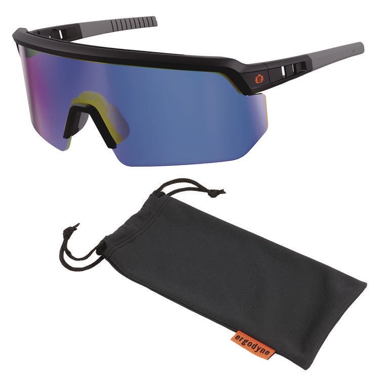 ERGODYNE CORPORATION Skullerz AEGIR Safety Glasses, Matte Black Half Frame, Mirrored Blue Single Lens (EGO55007)