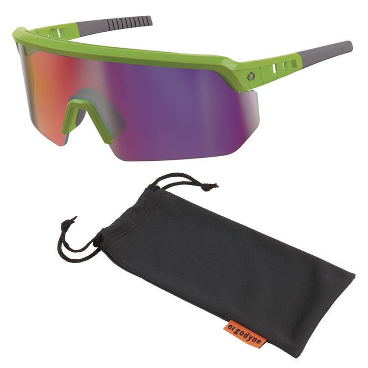 ERGODYNE CORPORATION Skullerz AEGIR Anti-Scratch Enhanced Anti-Fog Safety Glasses, Lime Half Frame, Mirrored Purple Single Lens (EGO55016)