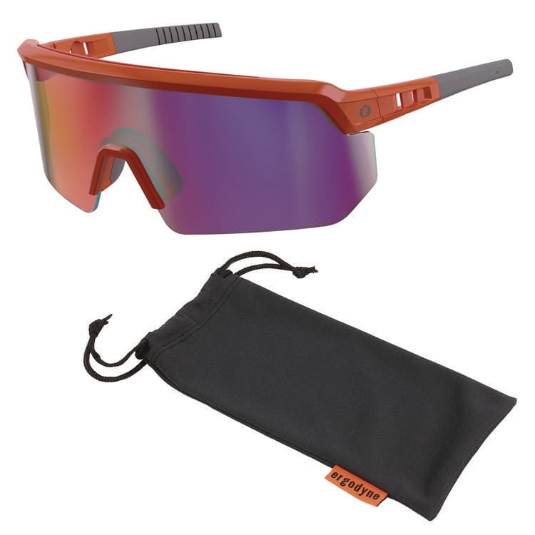 ERGODYNE CORPORATION Skullerz AEGIR Anti-Scratch Enhanced Anti-Fog Safety Glasses, Orange Half Frame, Mirrored Purple Single Lens (EGO55020)