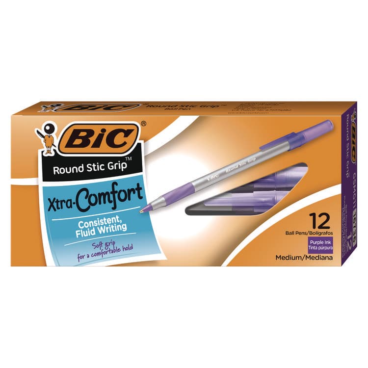 BIC CORP. Round Stic Grip Xtra Comfort Ballpoint Pen, Easy-Glide System, Stick, Medium 1.2 mm, Purple Ink, Gray/Purple Barrel, Dozen (BICGSMG11PE)
