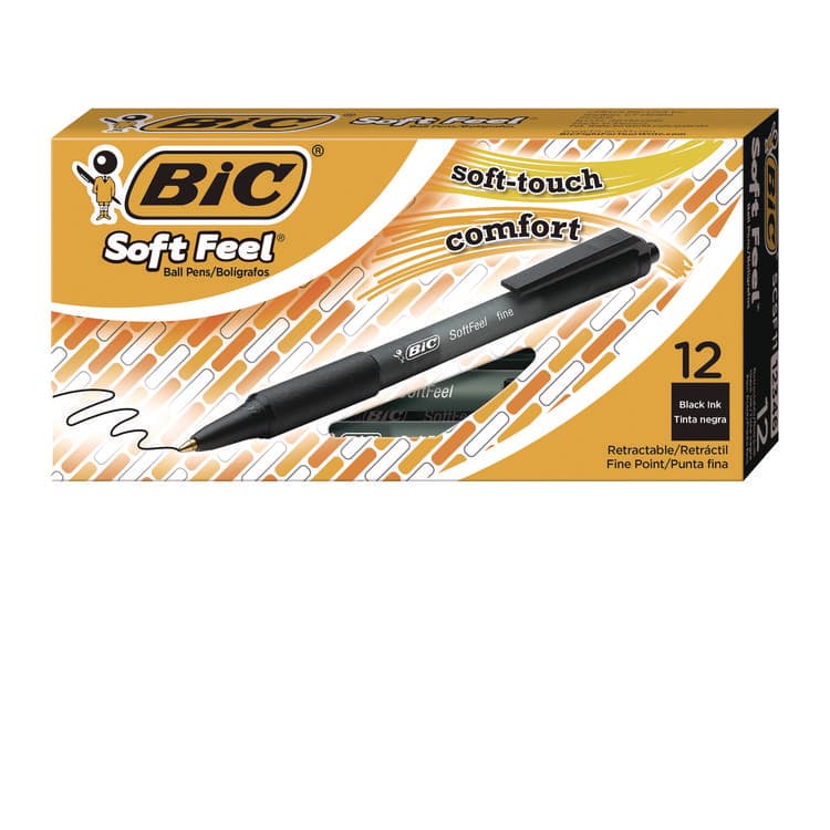 BIC CORP. Soft Feel Ballpoint Pen, Retractable, Medium 1 mm, Black Ink, Black Barrel, Dozen (BICSCSM11BK)
