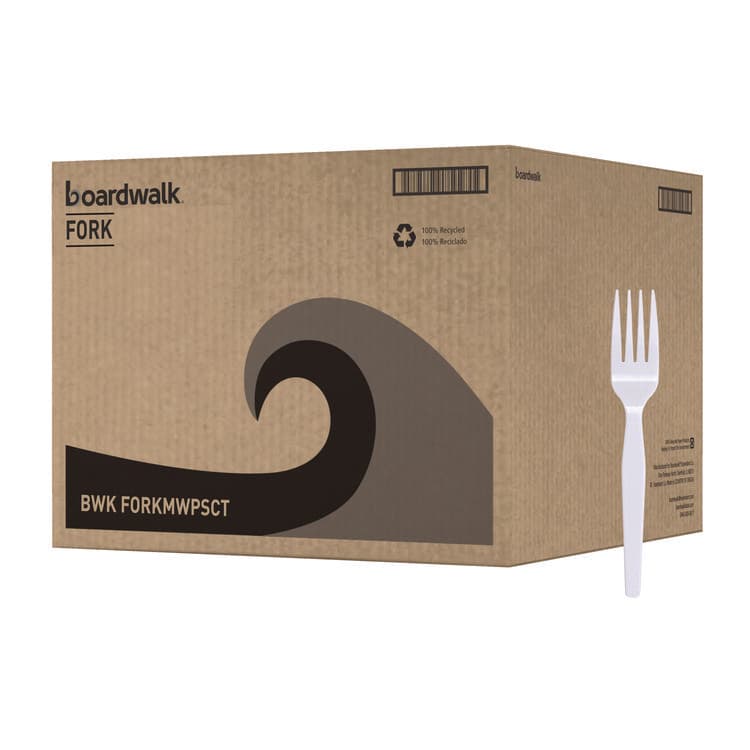 BOARDWALK Mediumweight Polystyrene Cutlery, Fork, Plastic, White, 100/Box, 10 Boxes/Carton (BWKFORKMWPSCT)