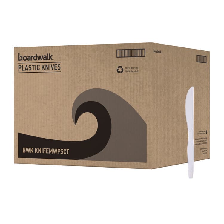 BOARDWALK Mediumweight Polystyrene Cutlery, Knife, Plastic, White, 100/Box, 10 Boxes/Carton (BWKKNIFEMWPSCT)