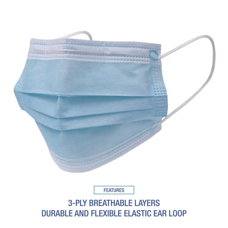 BOARDWALK Three-Ply General Use Face Mask, Polypropylene, One Size Fits Most, Blue, 50/Box, 40 Boxes/Carton (BWKMS2000) thumbnail 2