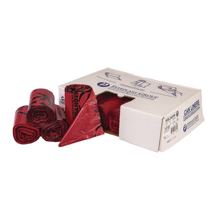 INTEGRATED BAGGING SYSTEMS Institutional Low-Density Can Liners, Infectious Waste Biohazard, 10 gal, 1.3 mil, 24 x 23, Red, Interleaved, 25/RL, 10 RL/CT (IBSSL2423R)