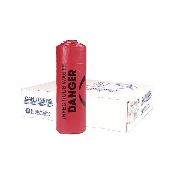 INTEGRATED BAGGING SYSTEMS Institutional Low-Density Can Liners, Infectious Waste Biohazard, 33 gal, 1.3 mil, 33 x 39, Red, Interleaved, 25/RL, 6 RL/CT (IBSSL3339R)